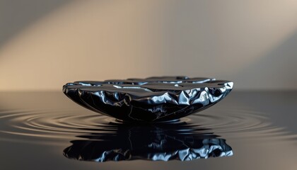 A dark stone pedestal sits upon a reflective water surface, casting a beautiful reflection with soft light creating a serene and luxurious presentation space.