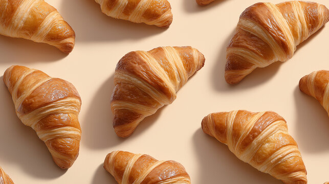 An overhead view shows a pattern of freshly baked golden croissants arranged artfully on a light beige background, ideal for culinary and bakery themes.