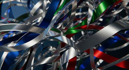 Abstract Metal Ribbon Art in Silver, Blue, Green and Red