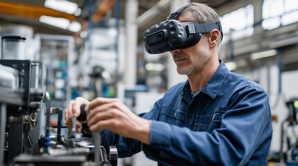 A male industrial worker in overalls is wearing a virtual reality headset while interacting with a simulated environment in a factory setting, symbolizing immersive training and technological advancem