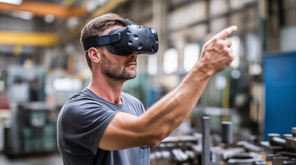 A male industrial worker in overalls is wearing a virtual reality headset while interacting with a simulated environment in a factory setting, symbolizing immersive training and technological advancem