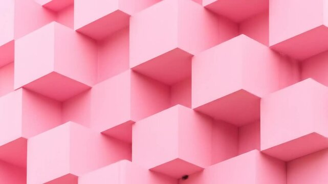 Abstract geometric facade of interlocking pink cubes