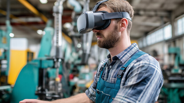 A male industrial worker in overalls is wearing a virtual reality headset while interacting with a simulated environment in a factory setting, symbolizing immersive training and technological advancem