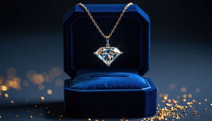 A dazzling diamond pendant necklace, glitte in its luxurious blue velvet box, promises elegance and sophistication against a dark, dreamy backdrop.