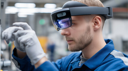 A male industrial worker is shown in a manufacturing facility wearing and adjusting an augmented reality headset, demonstrating modern technology in industry.
