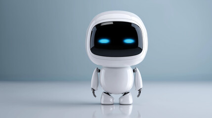 Cute futuristic cartoon robot with glowing blue eyes standing against a neutral background.
