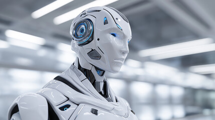 Fototapeta premium Futuristic humanoid robot in a high-tech environment with sleek white armor and cybernetic details. 