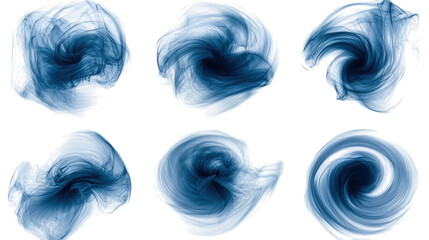 Six blue, abstract, swirling vortex shapes on black