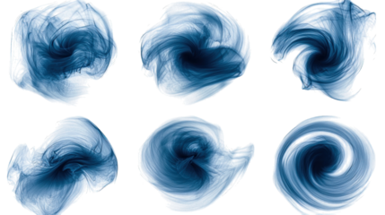 Six blue, abstract, swirling vortex shapes on black