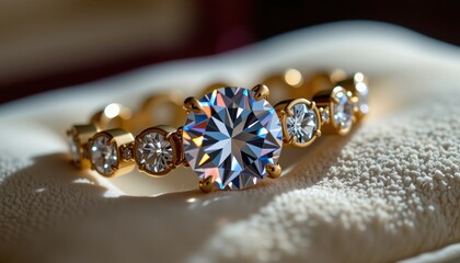 A dazzling gold with a large center diamond and smaller accent stones sparkles beautifully atop a soft white cushion in a close-up, detailed shot.