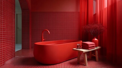 Monochromatic red bathroom interior with bathtub, towels and floral arrangement