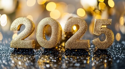 Sparkling golden 2025 numbers on glittery surface, New Year