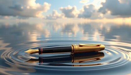 A luxurious gold and black fountain pen rests gently on the calm water's surface, creating mesmerizing ripples beneath a serene sky with soft, fluffy clouds.