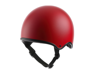 Sleek, red helmet with black straps on a dark background