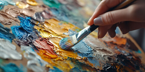 Obraz premium Close-up of an artist's hand skillfully mixing vibrant oil paints on a palette.