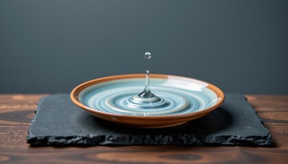A single water droplet suspended mid-air above a shallow ceramic bowl creating concentric ripples on a dark wooden surface against a muted gray background.