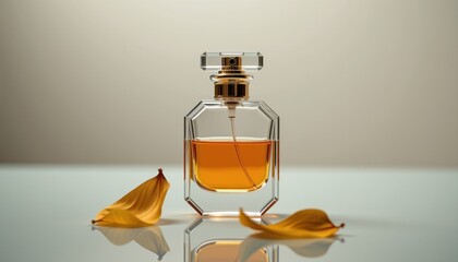 A sophisticated perfume bottle with golden liquid is displayed with delicate yellow flower petals on a reflective surface creating an elegant and inviting scene.