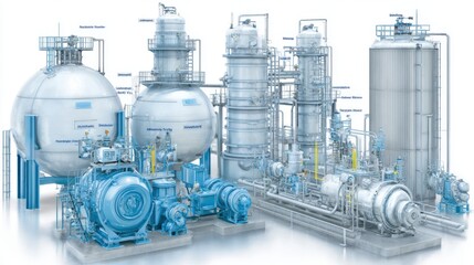 Complex industrial plant processing and refining materials with advanced machinery