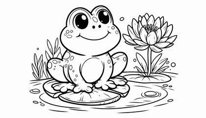 Cute Frog on Lily Pad Coloring Page Illustration