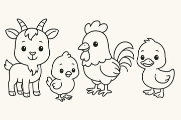 Cute Farm Animals Coloring Page Illustration