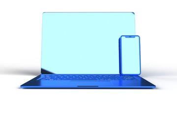 A blue laptop and smartphone on a white background, showcasing modern technology.