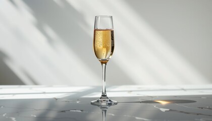 A tall elegant glass filled with bubbling champagne stands on a bright marble surface with soft tree shadows creating a serene atmosphere of celebration.