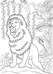 Majestic Lion Roaring on a Rock in Dense Jungle Environment - Black and White Line Art Illustration Perfect for Coloring Pages, Books, and Nature-Themed Designs, Depicting Strength and Wildness