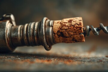 Close-up of an antique corkscrew and cork.  Rusty metal, weathered wood