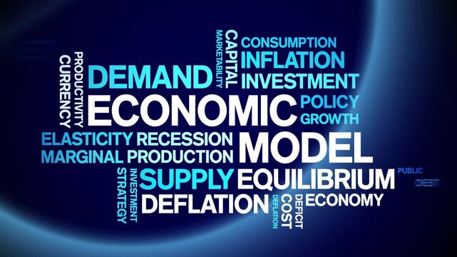 Economic Model animated word cloud;text design animation tag kinetic typography seamless loop.