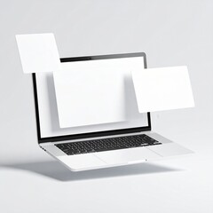 Floating Laptop with Blank Screens and Cards Mockup