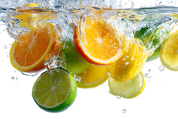 Fruit falling into water with splashes of lemon and lime, orange slices, photorealistic, high resolution.