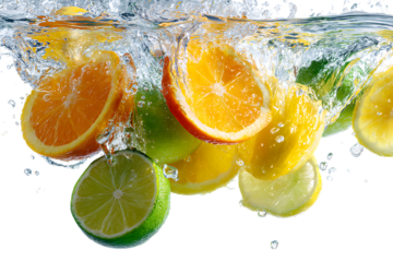 Fruit falling into water with splashes of lemon and lime, orange slices, photorealistic, high resolution.