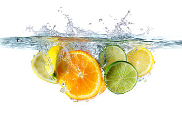 Fruit falling into water with splashes of lemon and lime, orange slices, photorealistic, high resolution.