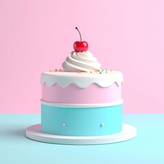 Pastel Pink and Blue Layered Cake with Cherry