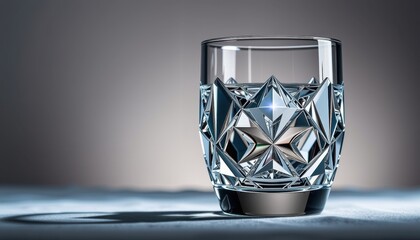 A beautifully crafted crystal glass filled with clear water is set against a gradient background, casting a crisp shadow, showcasing the exquisite design and clarity.