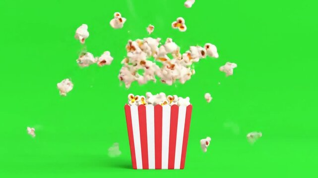 Exploding Popcorn from a Red and White Striped Bucket on Green Screen