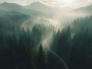 Deserted Foggy Forest with Eerie Mist and Blurred Creature Figures Creating Suspenseful Atmosphere
misty morning in the mountains