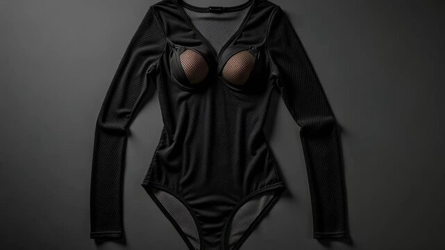 Stretchy Black Fishnet Bodystockings Flat Lay 4K Footage Showing Silhouette and Texture Against Dark Gray Background
