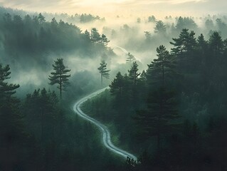 Moody Twilight Forest with Thick Mist and Unseen Figures Suggesting Supernatural Presence
misty morning in the mountains