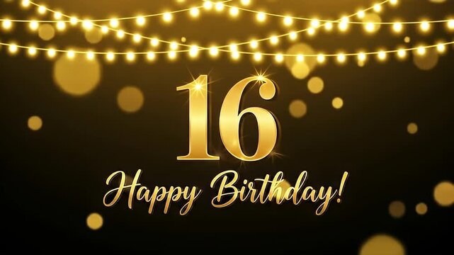 Celebratory 16th Birthday Typography with Golden Lights and Bokeh on Dark Background Illustration