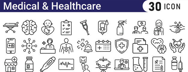 medical line icon set. contains Stethoscope, Ambulance, Nurse, Doctor, Syringe, Serum, First Aid Kit and so on icons.