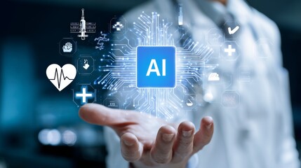 Medical professional presenting glowing AI chip in hand with futuristic healthcare icons circuit lines, symbolizing artificial intelligence integration in modern medicine and digital health innovation