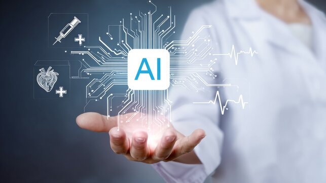 Medical professional presenting glowing AI chip in hand with futuristic healthcare icons circuit lines, symbolizing artificial intelligence integration in modern medicine and digital health innovation