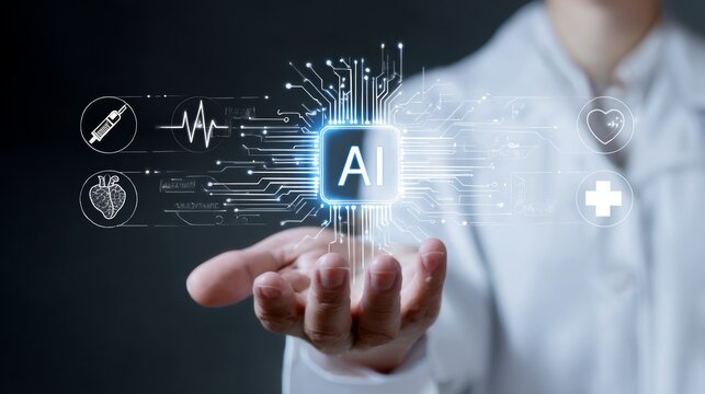 Medical professional presenting glowing AI chip in hand with futuristic healthcare icons circuit lines, symbolizing artificial intelligence integration in modern medicine and digital health innovation