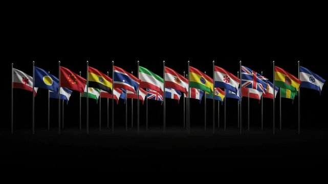 International Flags Display Waving in the Wind on Black Background with Global Unity Concept