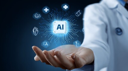 Medical professional presenting glowing AI chip in hand with futuristic healthcare icons circuit lines, symbolizing artificial intelligence integration in modern medicine and digital health innovation
