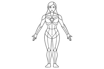 Line Art Illustration of a Woman in Futuristic Armor with a Circular Chest Piece