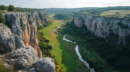 Green valley with a narrow river snaking between towering cliffs