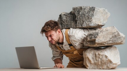 Man Struggling with Heavy Burden While Working on Laptop – Symbol of Work Stress