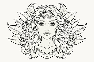 Detailed Line Art of a Beautiful Woman with Flowers and Leaves for Coloring Book